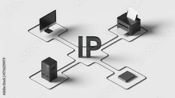 Fototapeta Isometric network diagram with computer server printer and IP address for technol