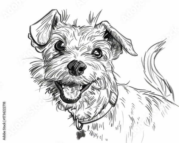 Fototapeta Playful shaggy dog illustration in sketch style, drawn on a light background with simple line art.