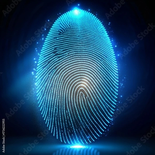 Fototapeta Glowing blue digital fingerprint with futuristic technology and security concept