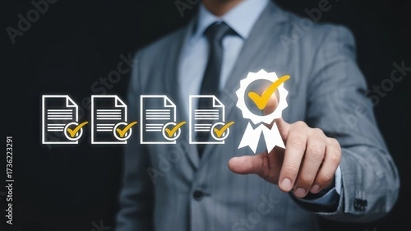 Fototapeta Hand pointing to quality assurance documents business compliance concept