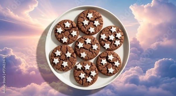 Fototapeta Chocolate cookies on a plate against a sky background
