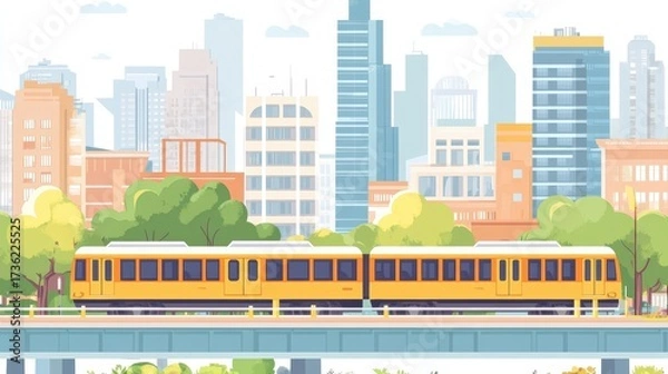 Obraz Cityscape featuring a yellow train traveling on railway tracks