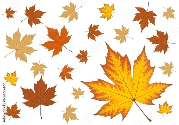 Fototapeta A Symphony of Maple and Sycamore Leaves in Burnt Orange, Brown, and Gold Gently Floating Against a Pristine White Canvas, Capturing the Ephemeral Beauty of Fall.