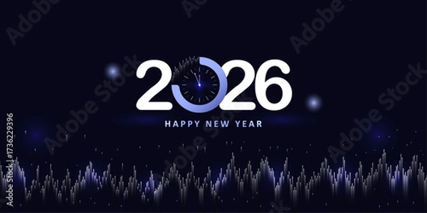 Obraz Happy New Year 2026 Design. Silver Theme with  Simple Watch and  Light of City as Background Vector Illustration Design