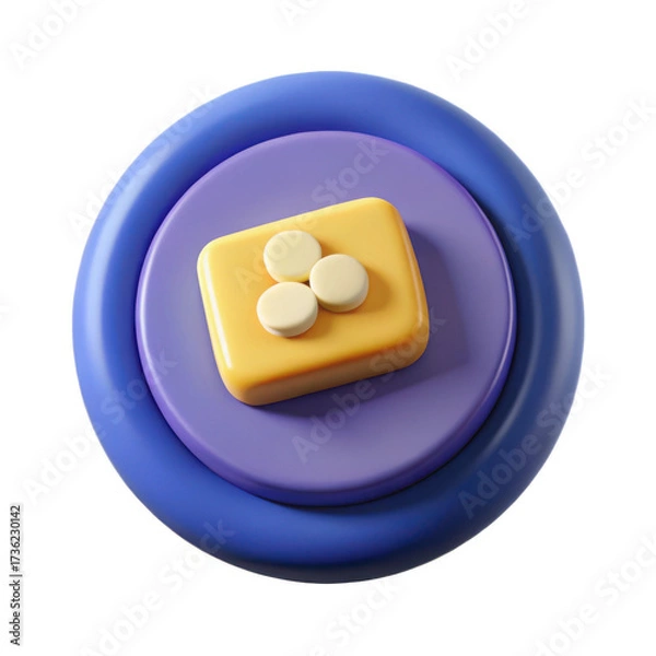Obraz Yellow square with three white marshmallows on purple and blue concentric circles isolated on transparent background