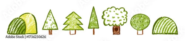 Fototapeta Kids tree doodle, hand drawn naive forest cartoon illustration, hand drawn wax crayon texture print. Green landscape childish playful clipart nature minimal icon set. Simple tree doodle design graphic