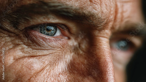 Fototapeta A close up view of a person"s eye and facial wrinkles.