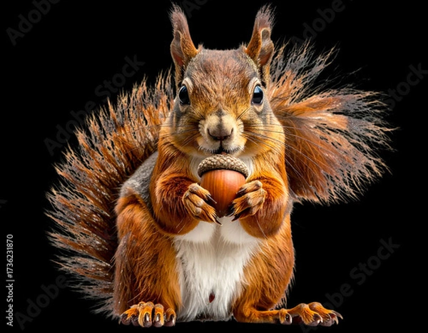 Fototapeta PNG of a brown squirrel sitting upright in front view, holding