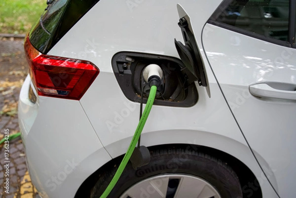 Fototapeta Electric vehicle charging with green cable connected to the rear of a modern white car in a natural setting