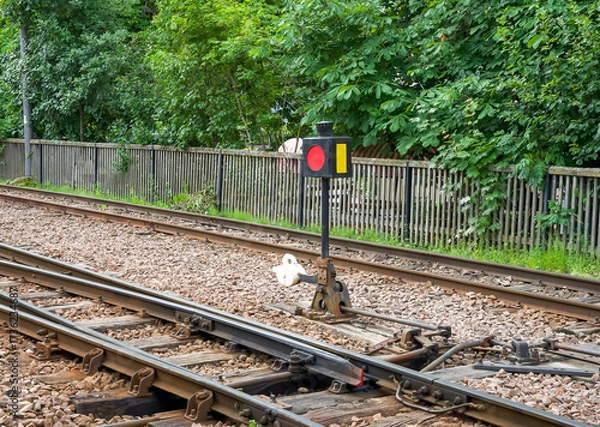 Fototapeta Railway signal with red and yellow lights beside train tracks in a lush green environment with copy space