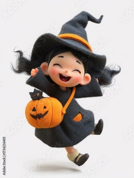 Obraz Cute 3D Kawaii Witch with Pumpkin and Broom – Adorable Halloween Illustration