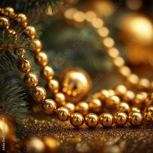 Fototapeta Golden Christmas Garland Beads with Festive Lights 