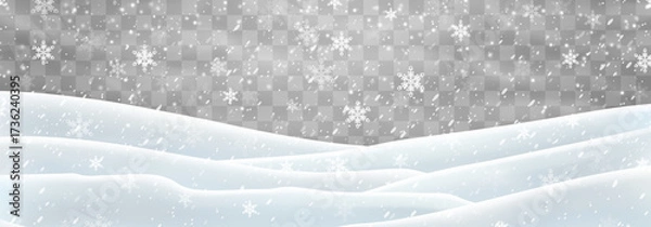 Fototapeta Vector heavy snowfall with snowbanks field. Snow landscape decoration, frozen hills isolated on png background. Snow flakes, snow and blizzard falling on snowdrifts. Christmas vector illustration