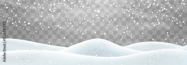Fototapeta Vector heavy snowfall with snowbanks field. Snow landscape decoration, frozen hills isolated on png background. Snow flakes, snow and blizzard falling on snowdrifts. Christmas vector illustration