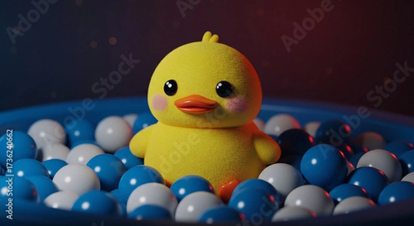 Fototapeta Whimsical Toy Chicken in Blue and White Ball Pit Against a Cozy Gradient Background