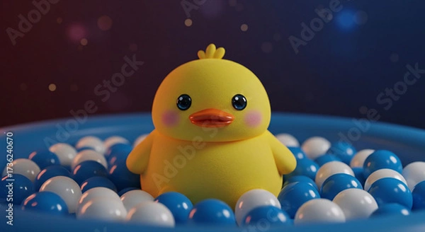 Fototapeta Whimsical Scene: Plush Duck with Blue Eyes Glows Under Soft, Starry Night Light
