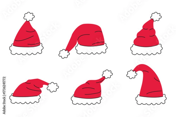 Fototapeta Set of Santa Hats, isolated. Vector santa claus hat collection. Outlined colorful holiday Christmas caps flat design.