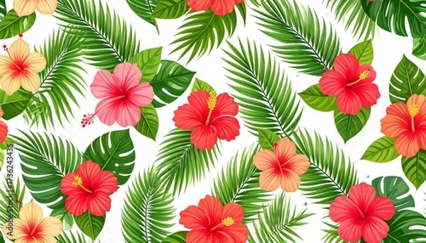 Fototapeta Seamless palm leaves and hibiscus pattern, tropical vector style