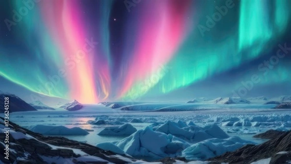 Obraz Aurora borealis over glacial landscape