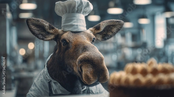 Fototapeta Surreal image of a moose dressed as a professional chef, standing in a modern kitchen with a pastry in the foreground. Funny and creative food parody