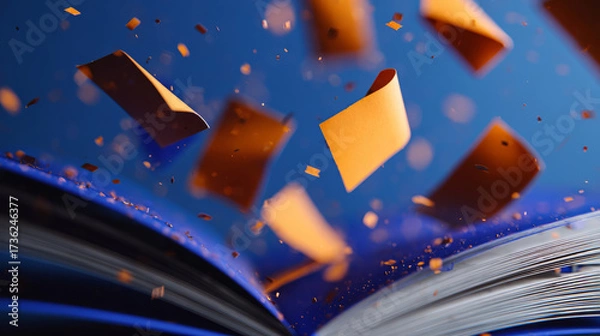 Fototapeta Open book with pages suspended mid-flight, evoking themes of creativity, transformation, and the power of ideas in motion