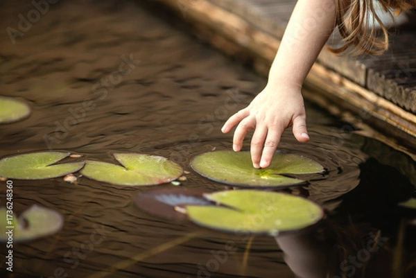 Obraz Eine kindliche Hand berührt ein Blatt einer Wasserpflanze.