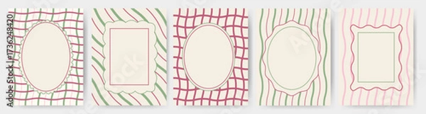 Fototapeta Set of Christmas border frames. Geometric backgrounds in Xmas colors. Minimalist holiday design for greeting cards, invitations, wrapping paper, poster.