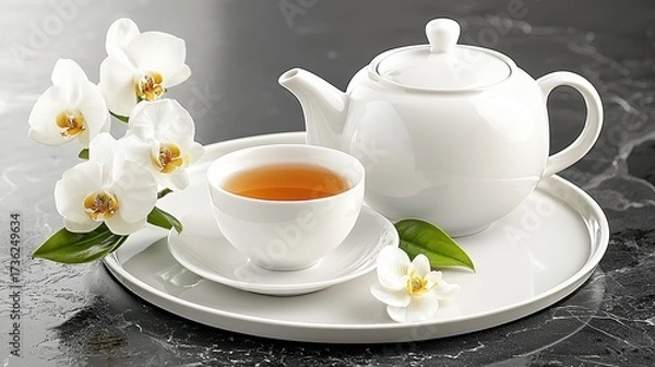 Fototapeta Serene Still Life White Tea Set with Orchids on Dark Marble