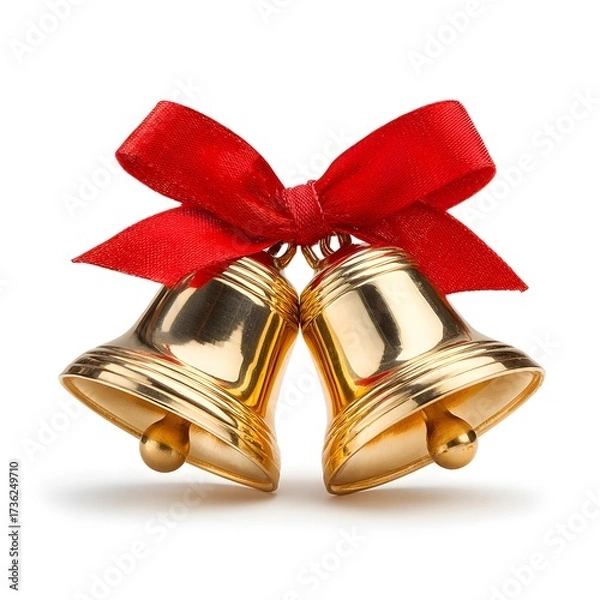 Obraz 
Lustrous Golden Bells with a Bright Red Ribbon, Perfect for Christmas Decor