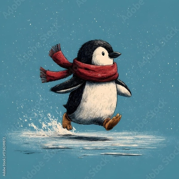 Obraz 
Cheering Penguin Wearing a Red Scarf Running and Sliding on a Wintery Ice Surface