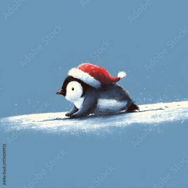 Obraz 
Jolly Penguin in a Santa Hat Sliding Happily Across a Snowy Icy Surface