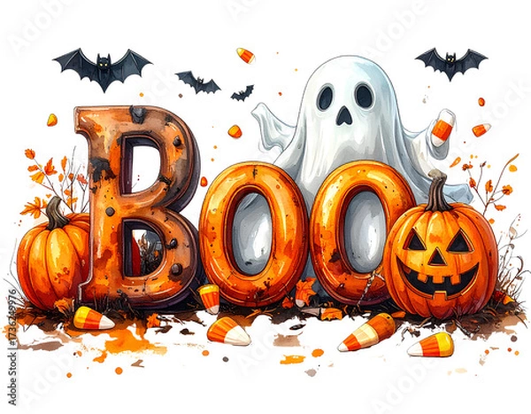 Fototapeta Halloween word art Boo with pumpkin ghost and candy corn on white isolated on a transparent