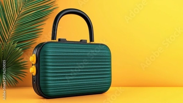 Fototapeta Shiny Emerald Briefcase with Black Handle Gold Clasps on Orange Background