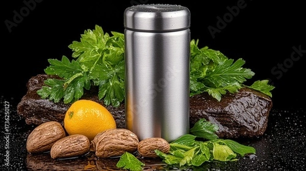 Fototapeta Shiny Metallic Container with Parsley Lemon Bread and Brown Rocks on Black Surface