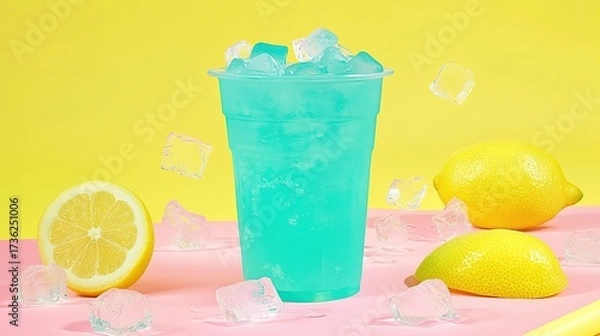 Fototapeta Iced Blue Lemonade Drink, Pink Yellow Background, Summer