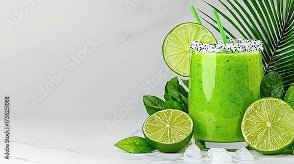 Fototapeta Refreshing Green Smoothie with Lime and Tropical Leaves