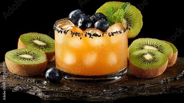 Fototapeta Refreshing Kiwi and Blueberry Cocktail on Dark Stone Surface