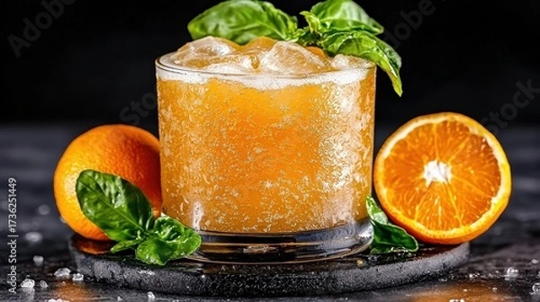 Fototapeta Refreshing Orange Chia Seed Drink with Basil Garnish