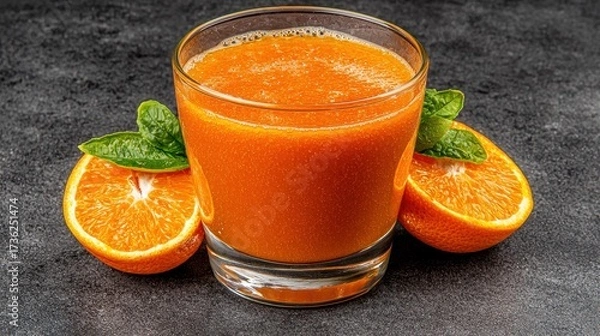 Fototapeta Refreshing Orange Juice with Slices and Mint on Dark Background