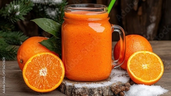 Fototapeta Refreshing Orange Smoothie in Mason Jar with Winter Setting