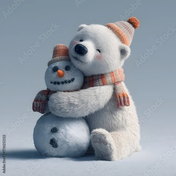 Obraz Adorable Polar Bear Cub with Hat and Scarf Hugging a Snowman