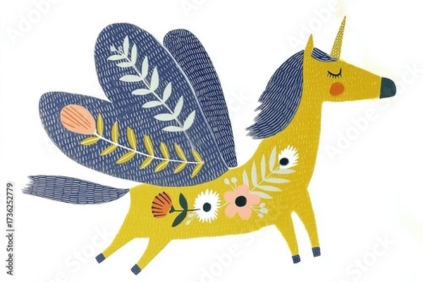 Fototapeta A Whimsical Fantasy Creature: Featuring a Golden Unicorn with Colorful Floral Patterns and Magical Wings for Enchanting Decor