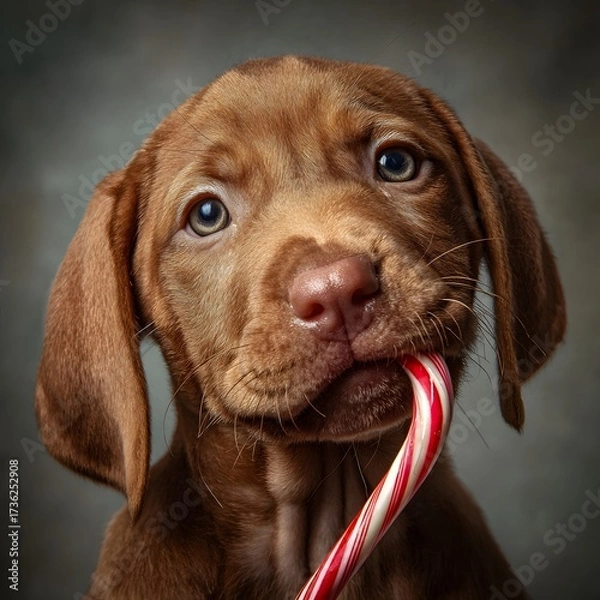 Obraz An Adorable Puppy Holding a Red and White Candy Cane in Its Mouth