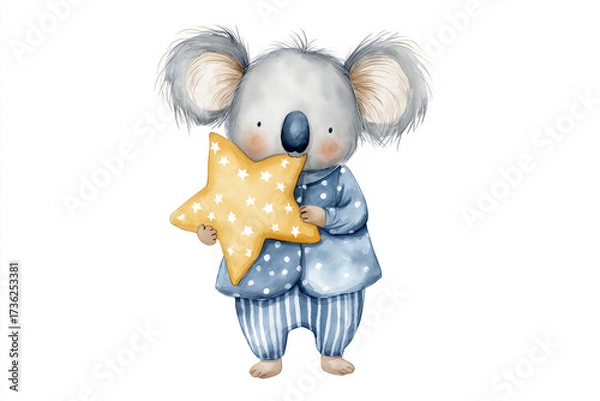 Fototapeta Adorable Koala Character Hugs a Yellow Star, Bringing Whimsical Charm in Cozy Pajamas Under a Clear Sky Full of Dreams