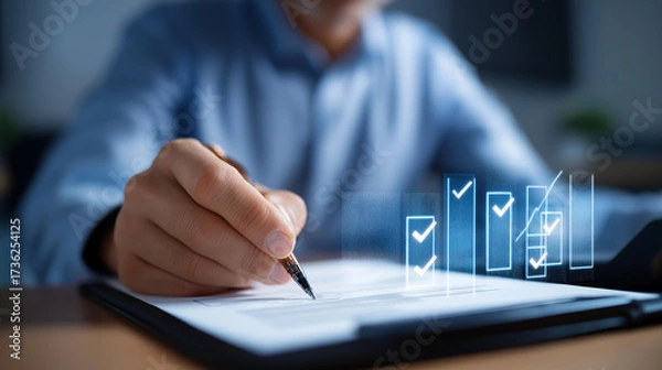 Fototapeta Corporate businessman analyzing complex financial data with digital checklist interface and interactive business charts floating above workspace finance management business