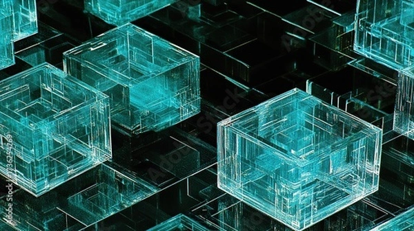 Fototapeta Translucent teal cubes in a dark grid