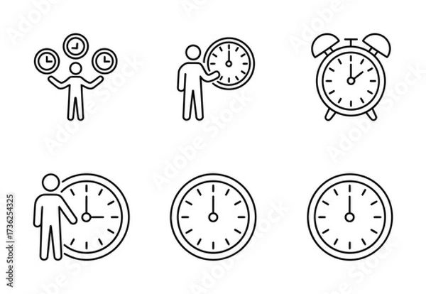 Fototapeta Time Management, Alarm Clock, Productivity, Deadline, Schedule Line Icons Set