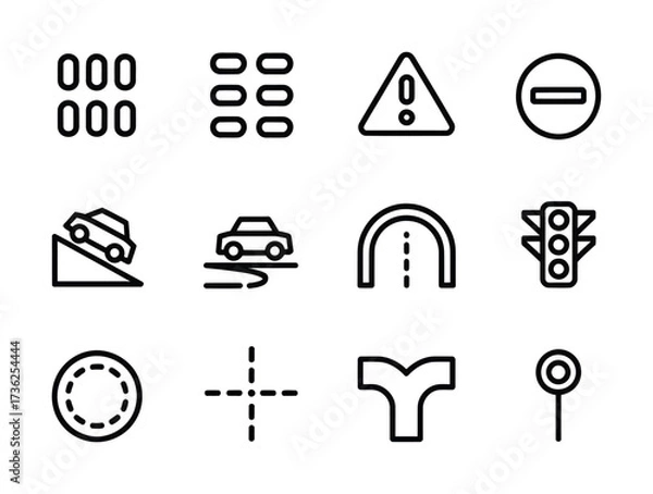 Fototapeta Traffic Signs & Road Safety Line Icons - Stop Sign, Warning Triangle, Traffic Light, Speed Bump, Roundabout, Lane Markings for Driving Apps, Education & Smart City UI