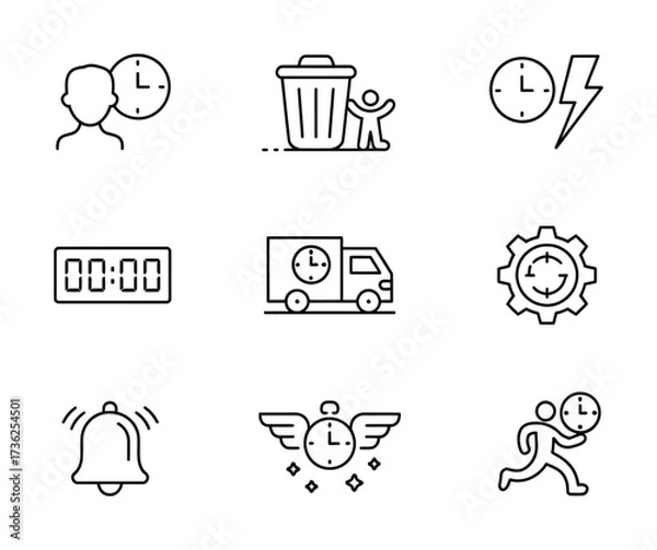 Fototapeta Time Alerts & Delivery Logistics Line Icons - Bell, Lightning Clock, Trash with Timer, Delivery Truck, Gear Clock, Running Person for Notifications, Apps & Supply Chain UI
