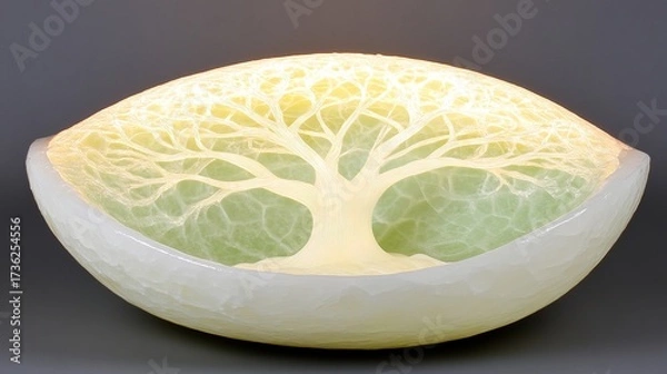 Fototapeta Illuminated Tree Carving in Green Bowl, Studio